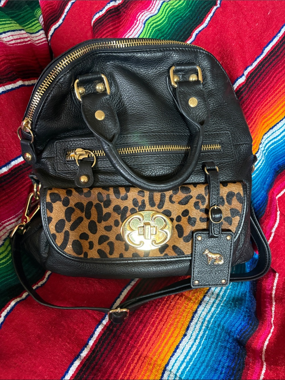 Emma Fox Black Leather Crossbody with Leopard Print and Gold Hardware